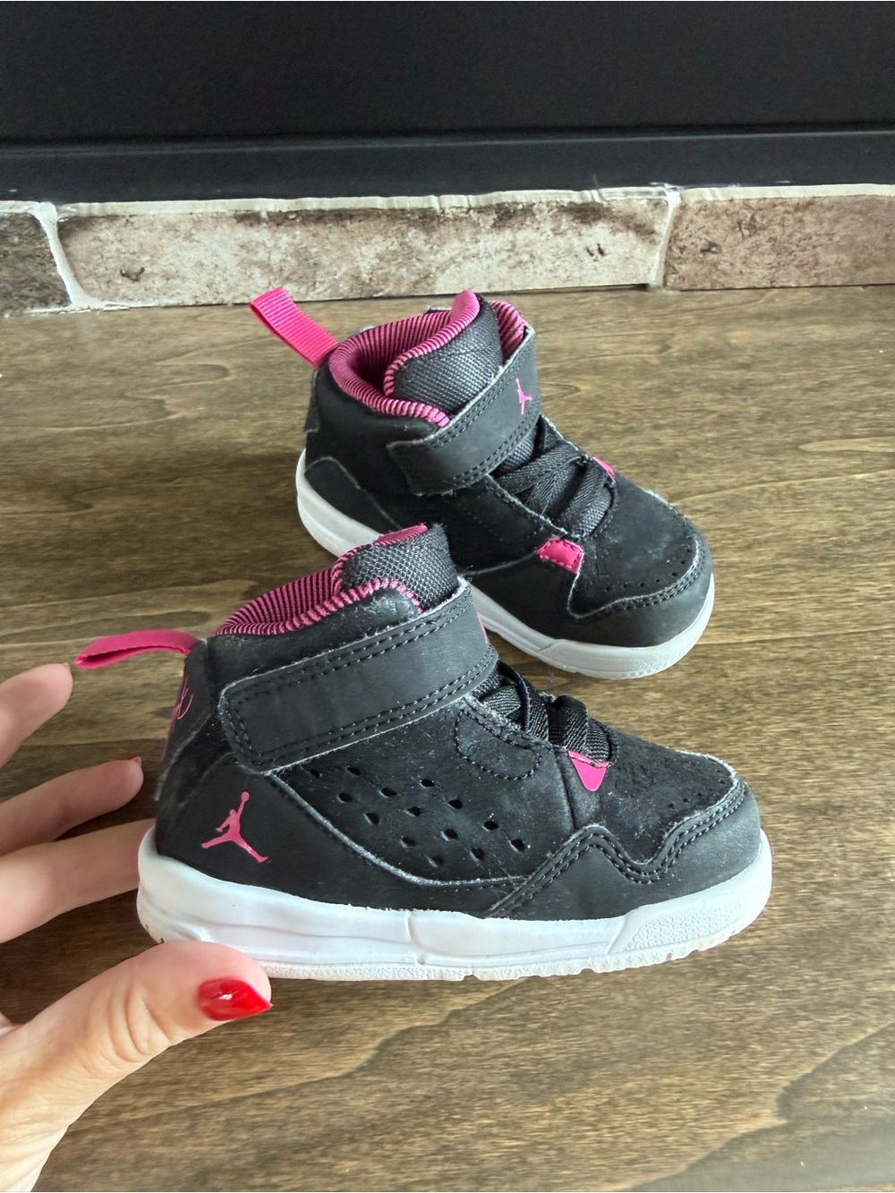Jordan Flight Toddler High Top Sneaker Black Pink White Hook & Loop US 5C